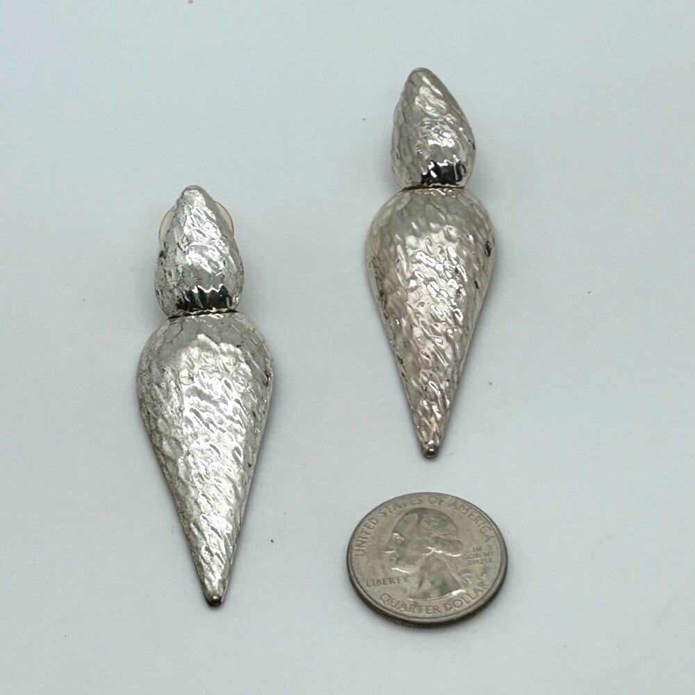 Vintage Chicos Earrings, Hammered Silvertone, Teardrop Dangle Statement - Picture 3 of 10